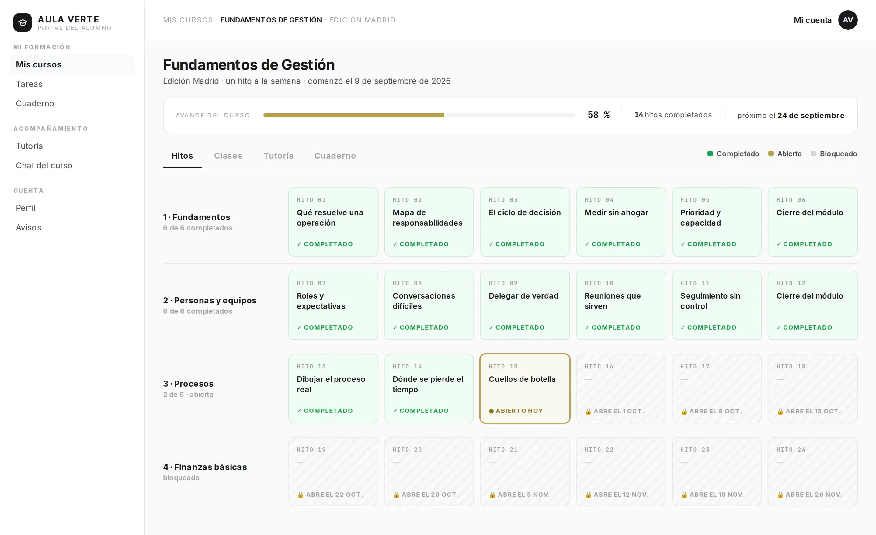 Course calendar of a student portal: the milestones of each module in order, showing which are completed, which are open today and which are still locked by the cohort's release cadence.