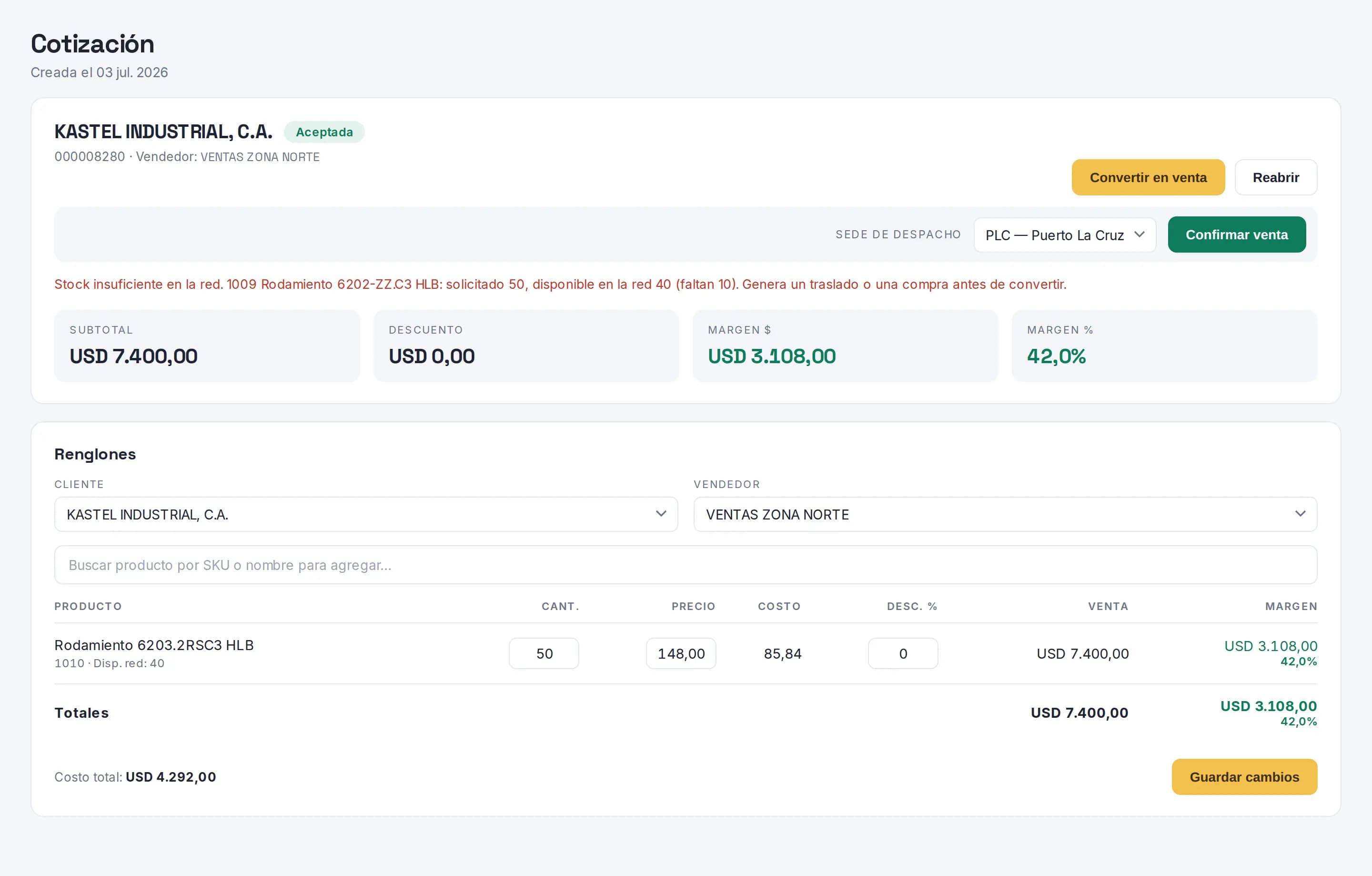 Quotation screen of an industrial distribution system: a bearing line with cost and margin, and a warning that network stock is short and a transfer is needed before closing the sale.