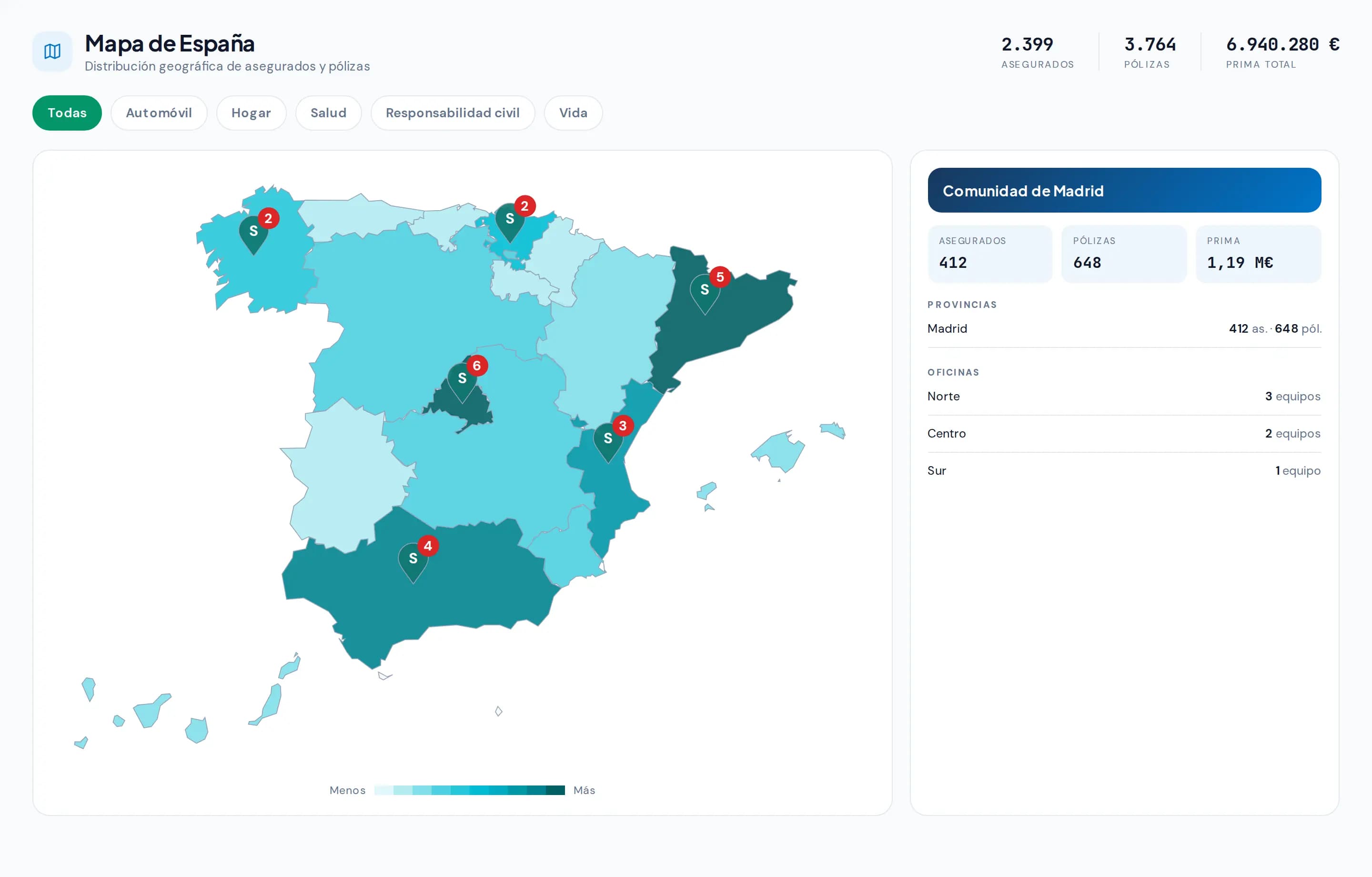 Portfolio map of Spain by autonomous community: each region shaded by the number of policyholders and policies, with branch pins and a breakdown by province.